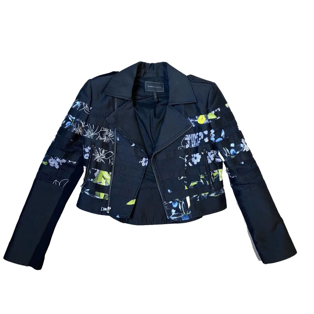 Authentic Designer BCBG MAX AZRIA Tess Stripe Floral Moto Jacket Women Black Zip